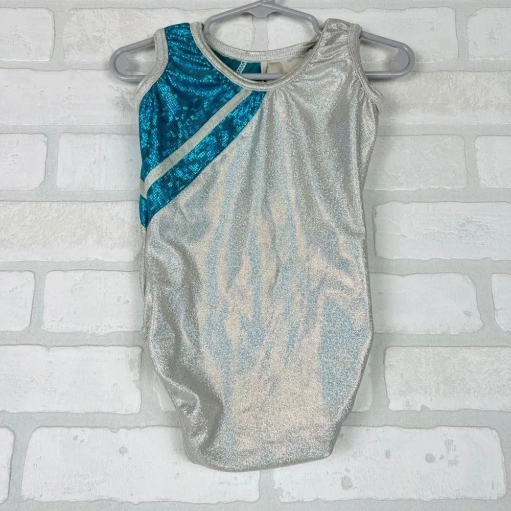 Silver Teal Holographic Rhinestone Sleeveless Gymnastics Leotard Kids